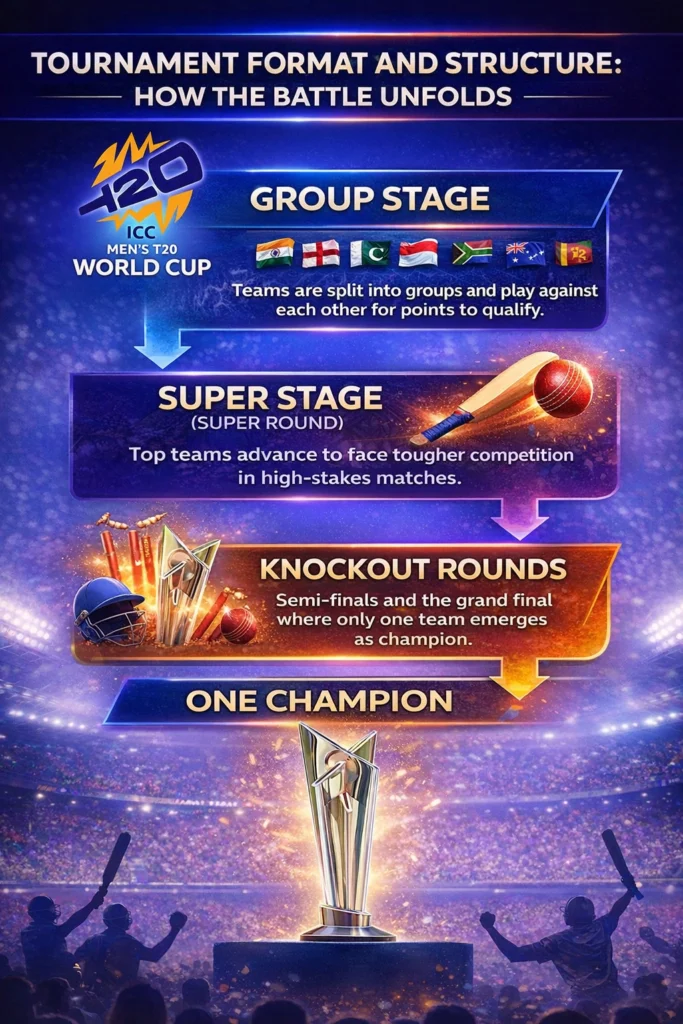 T20 World Cup tournament format infographic showing group stage, super stage, knockout rounds, and final champion pathway