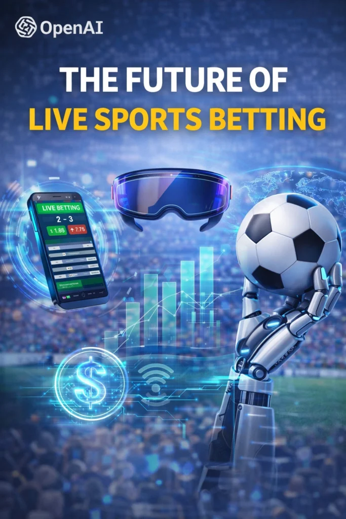 The future of live sports betting concept featuring AI technology, VR headset, digital betting app, and futuristic sports analytics