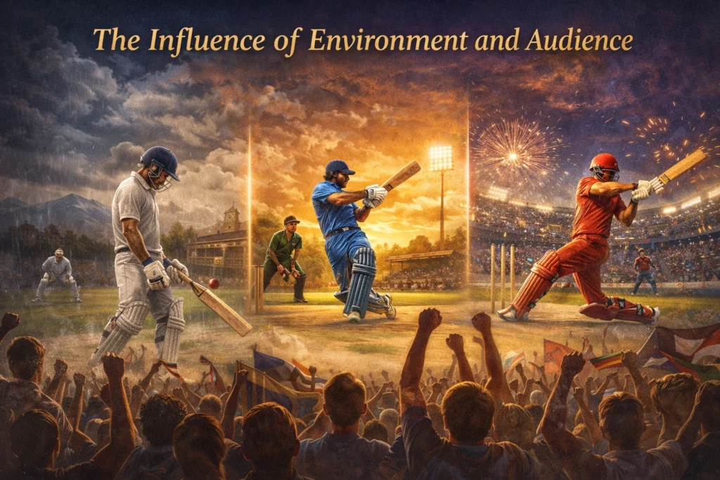 The Influence of Environment and Audience in cricket showing players in different match atmospheres