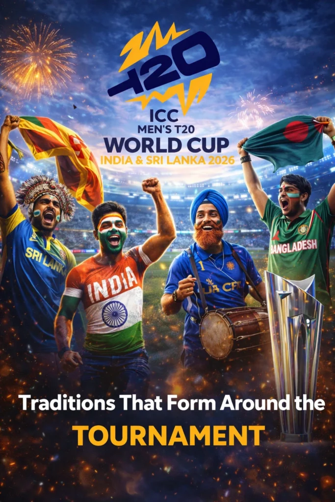 Cricket fans celebrating with flags during T20 World Cup tournament atmosphere