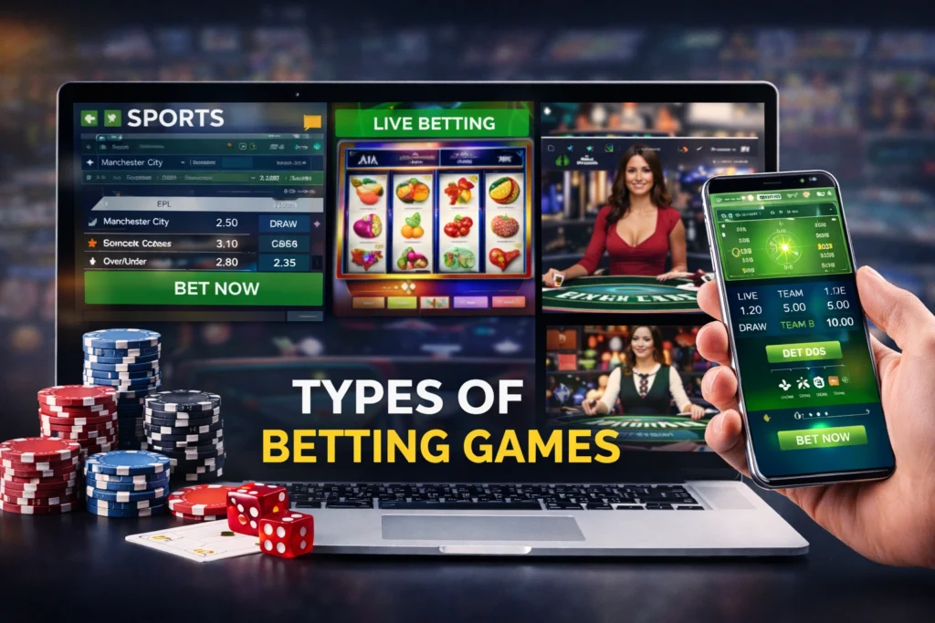 Types of betting games including sports betting, casino games, live dealer betting and mobile betting app