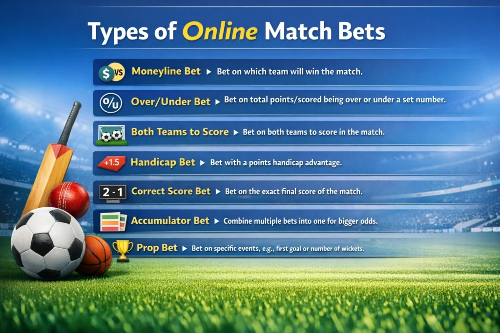 Types of online match bets infographic showing moneyline, over under, handicap, accumulator and prop betting options