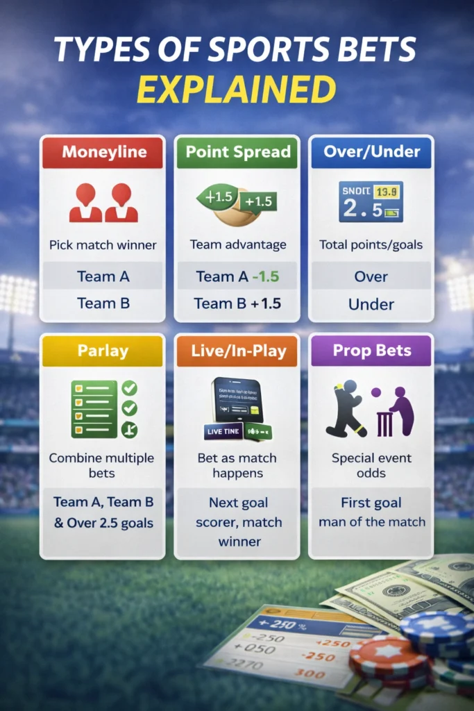 Types of sports bets explained infographic showing moneyline, point spread, over under, parlay, live betting and prop bets