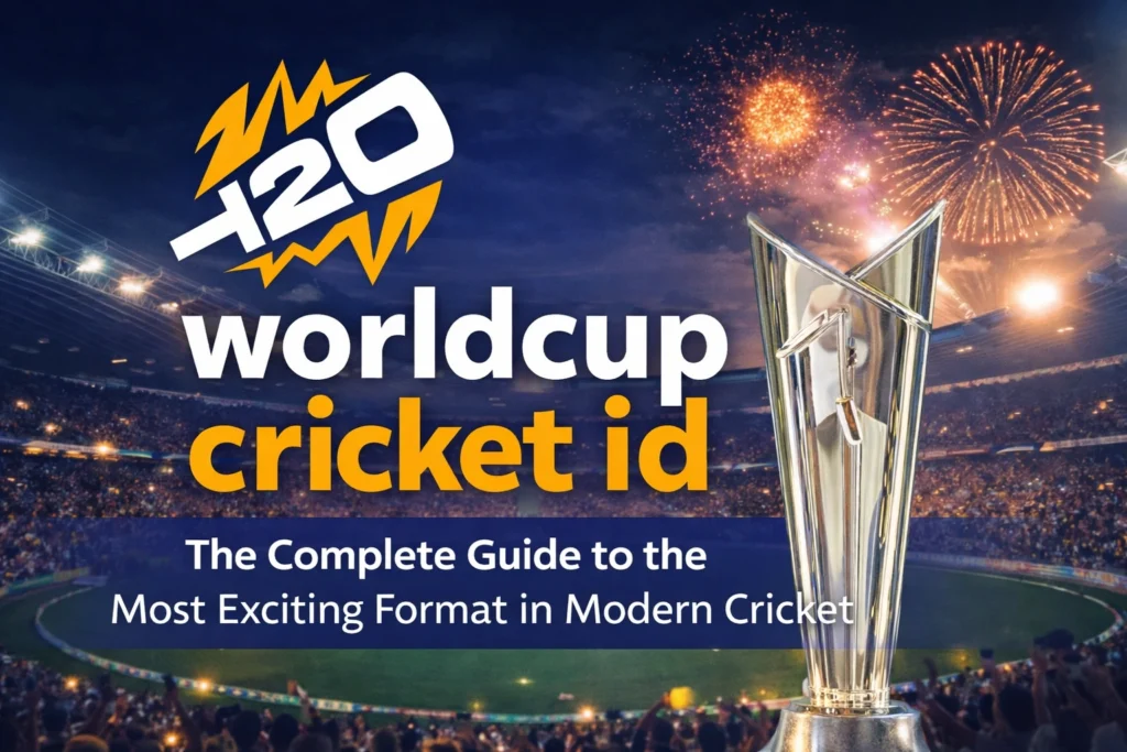 t20 worldcup cricket id banner with cricket trophy stadium lights and fireworks showing complete guide to modern T20 cricket