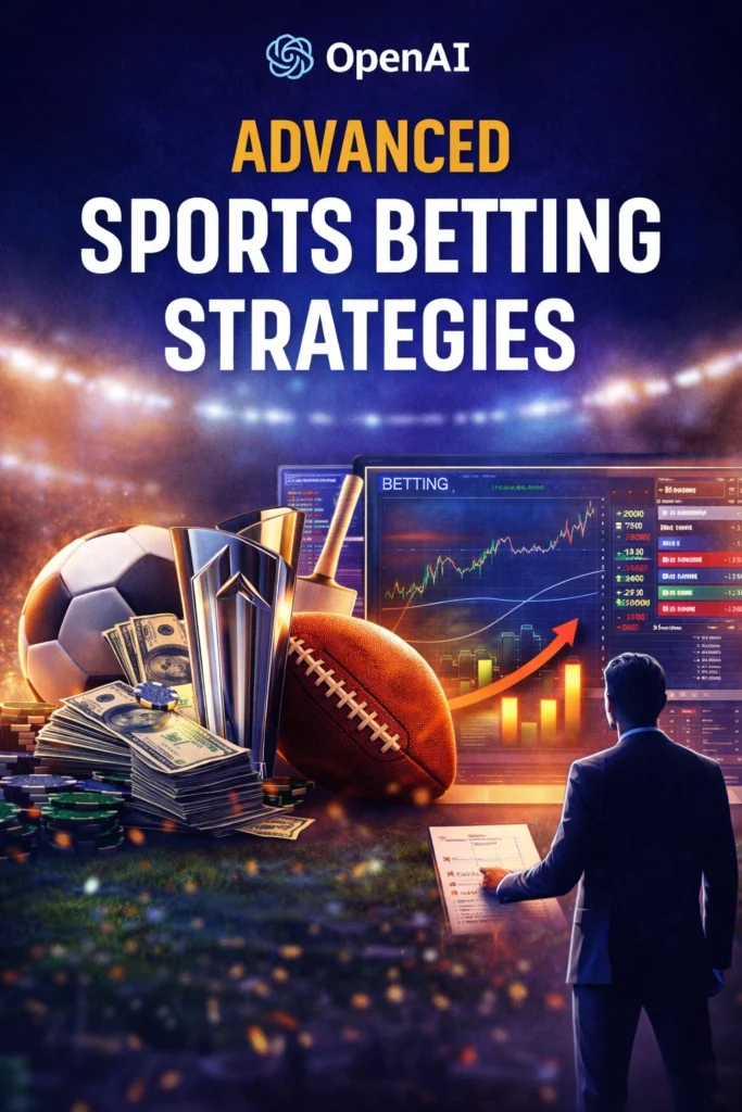 Advanced sports betting strategies concept showing betting analytics, odds dashboard, sportsbook strategy and professional betting system