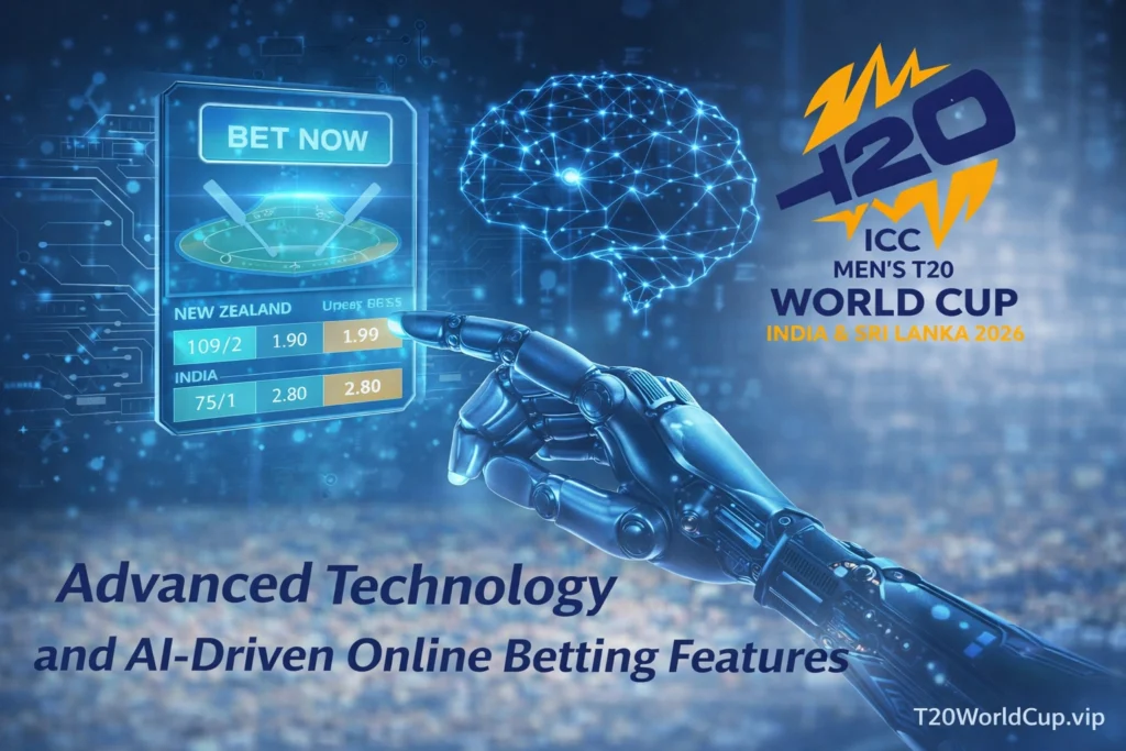 AI-driven online betting features with advanced technology and T20 World Cup logo