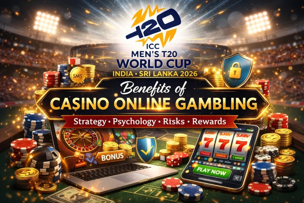 Benefits of casino online gambling concept with ICC T20 World Cup style logo, showing bonuses, security, and gaming features