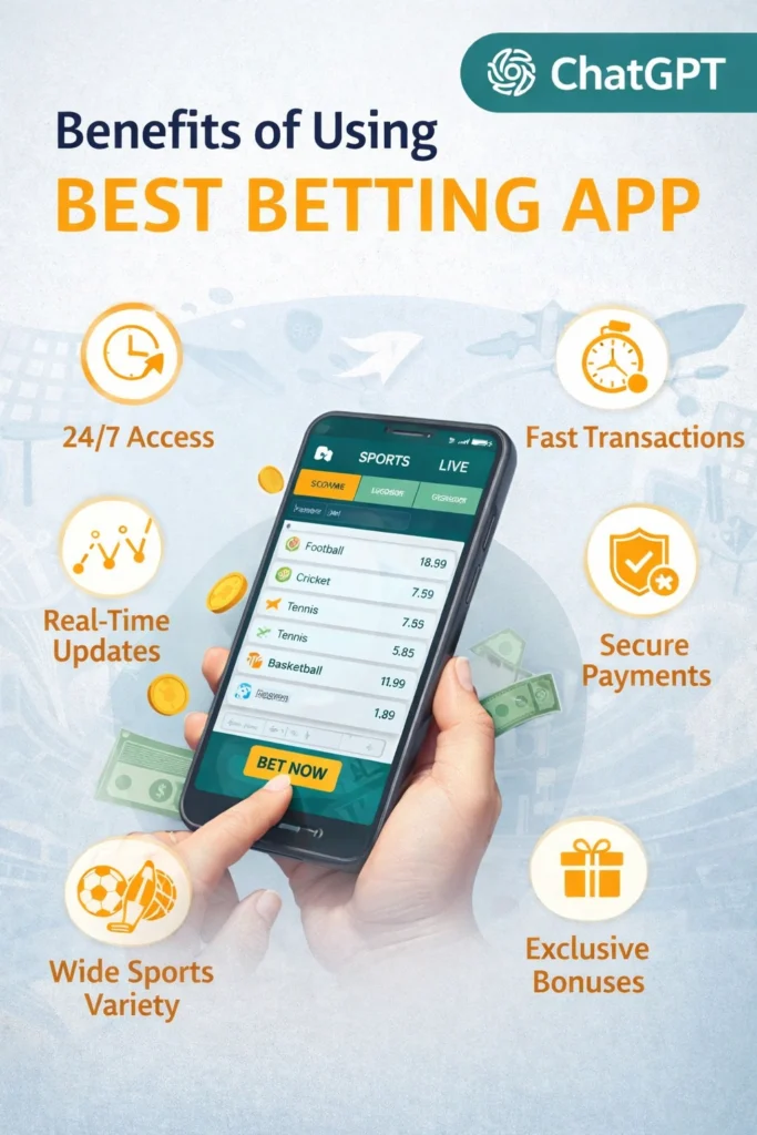 Infographic showing the benefits of using the best betting app including 24/7 access, real-time updates, secure payments, fast transactions, and exclusive bonuses.