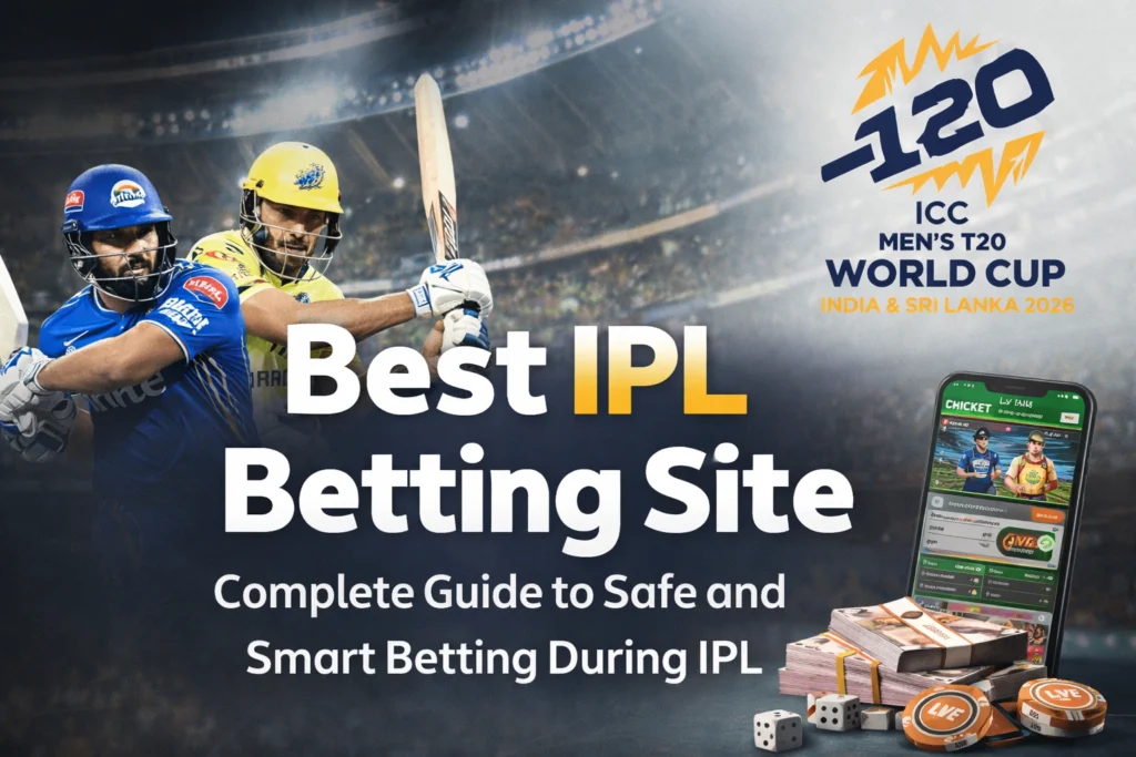 Best IPL Betting Site guide with ICC Men’s T20 World Cup 2026 logo and trophy image