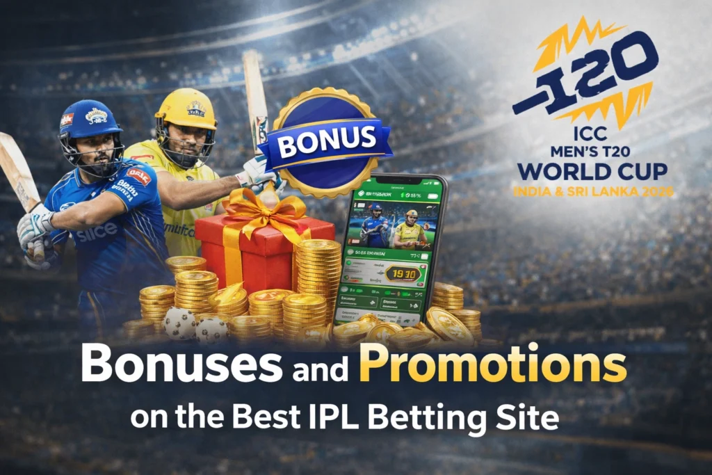 Bonuses and Promotions on the Best IPL Betting Site with ICC T20 logo and cricket players