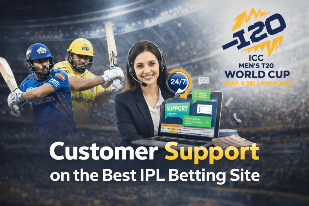 Customer Support on the Best IPL Betting Site with ICC T20 logo and support agent