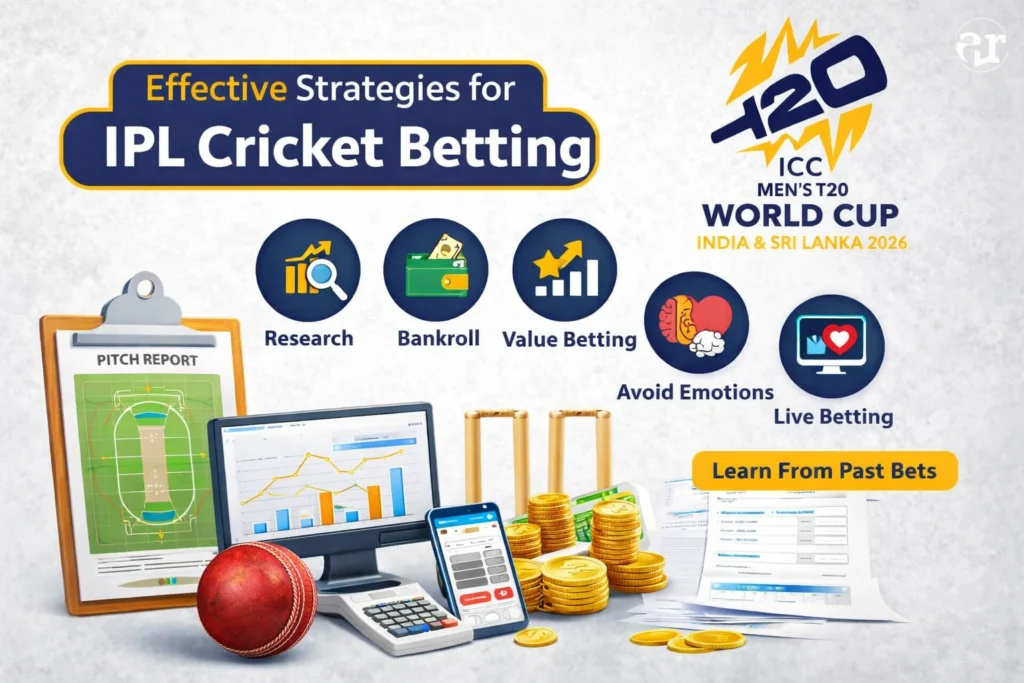 Effective strategies for IPL Cricket Betting including research bankroll value betting and live betting with T20 logo