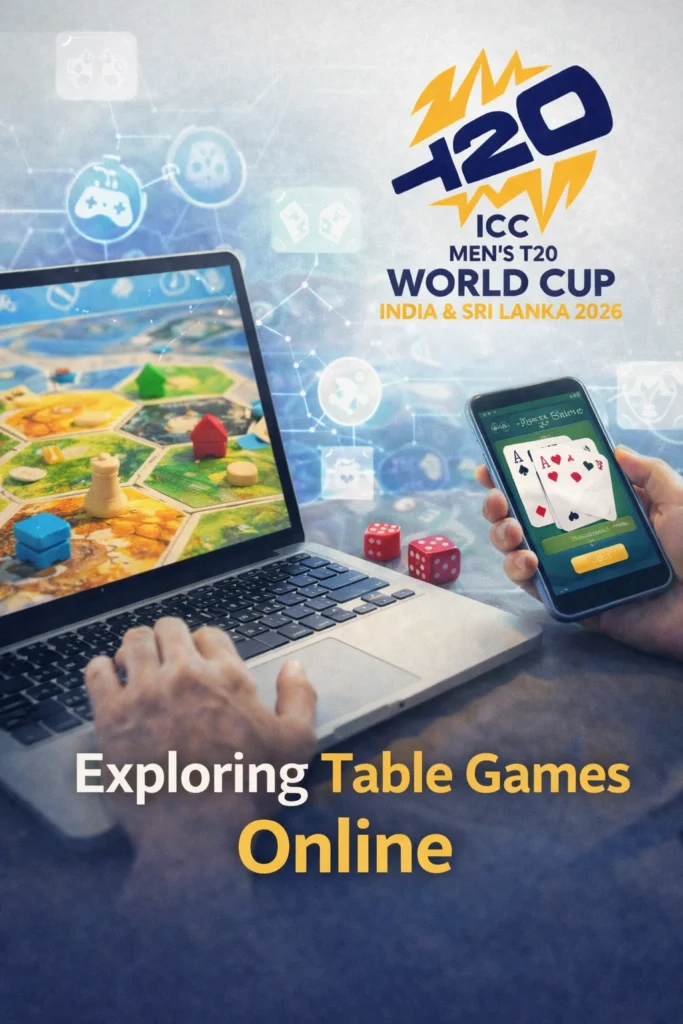 Exploring table games online using laptop and smartphone showing digital board games and card games with T20 logo