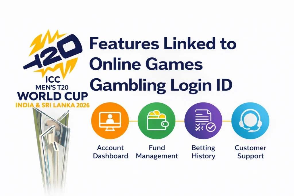 Features linked to Online Games Gambling Login ID dashboard wallet games bonuses and betting history with T20 World Cup 2026 logo