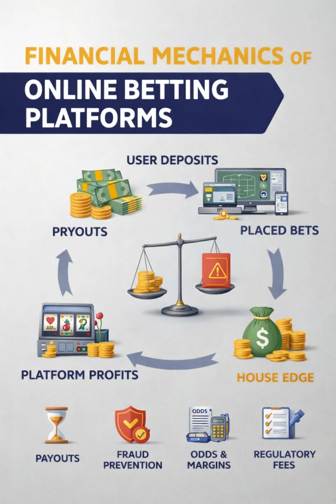 Infographic explaining financial mechanics of online betting platforms including user deposits, house edge, payouts, platform profits, and odds margins