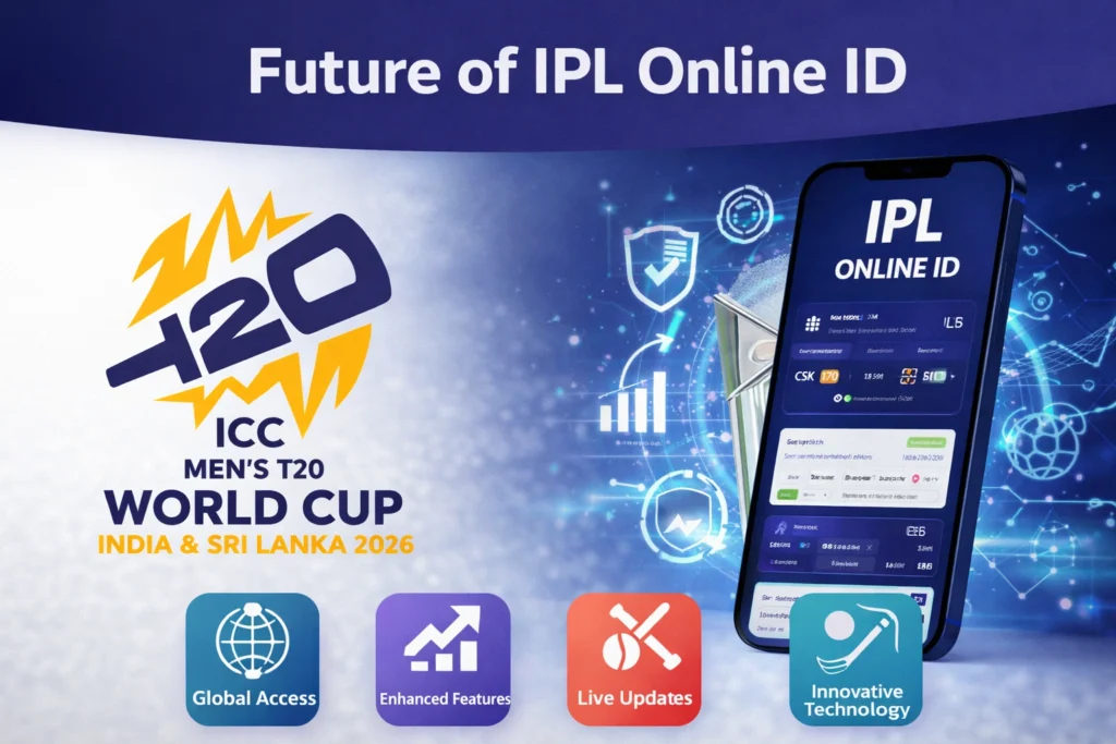 Future of IPL Online ID with ICC Men’s T20 World Cup 2026 logo and digital cricket technology concept