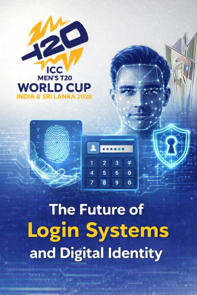 Illustration showing the future of login systems and digital identity with ICC Men's T20 World Cup 2026 logo and biometric authentication concept