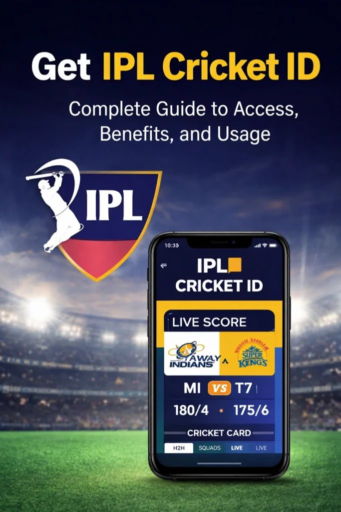 Get IPL Cricket ID complete guide banner with T20 World Cup logo and trophy