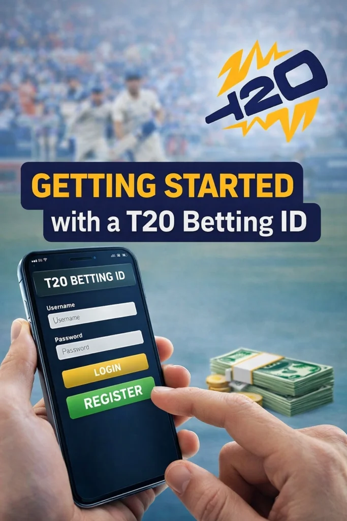 Getting started with a T20 Betting ID showing smartphone registration screen with T20 logo and cash representing online cricket betting access.