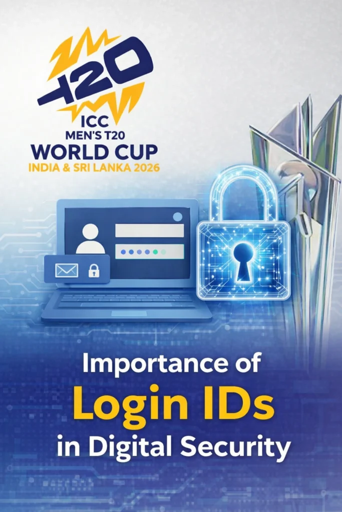 Illustration showing importance of login IDs in digital security with ICC Men's T20 World Cup 2026 logo and secure login interface