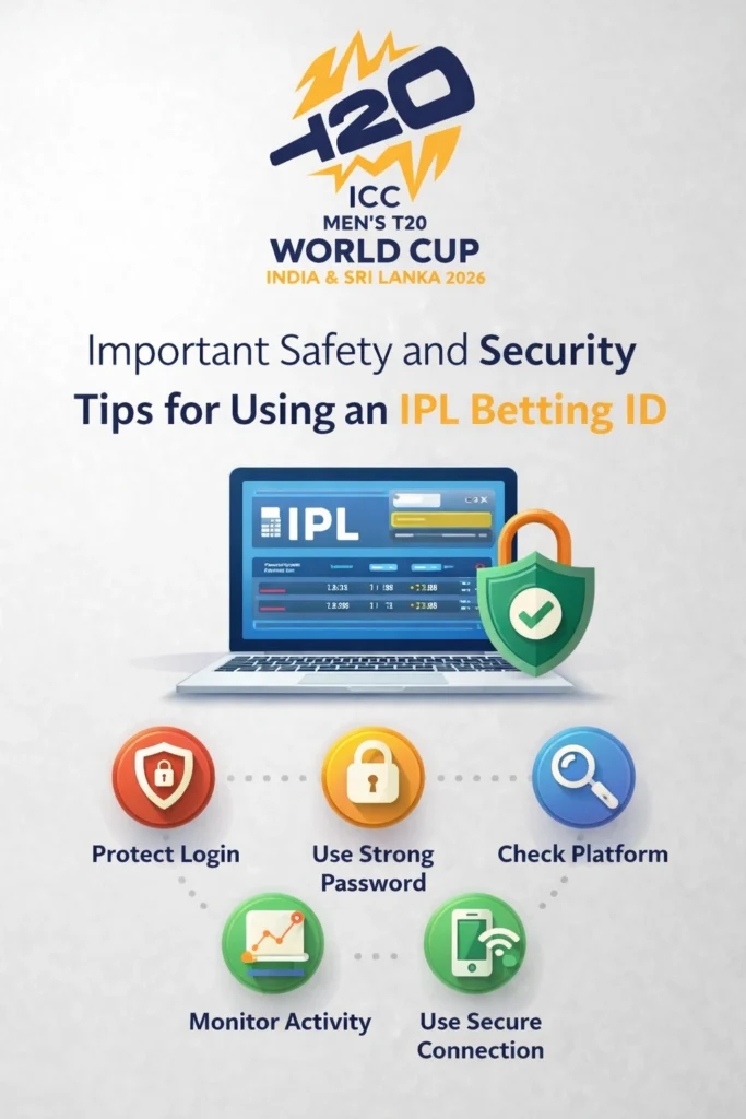 Important safety and security tips for using an IPL Betting ID with cricket themed graphic and tournament style logo