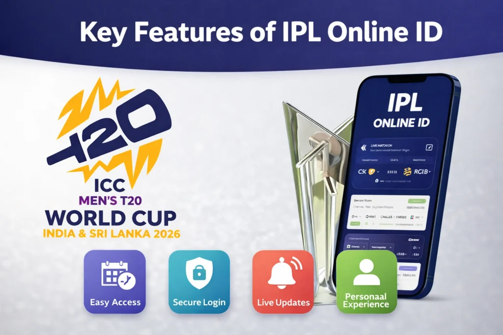 Key features of IPL Online ID with ICC Men’s T20 World Cup 2026 logo and mobile interface