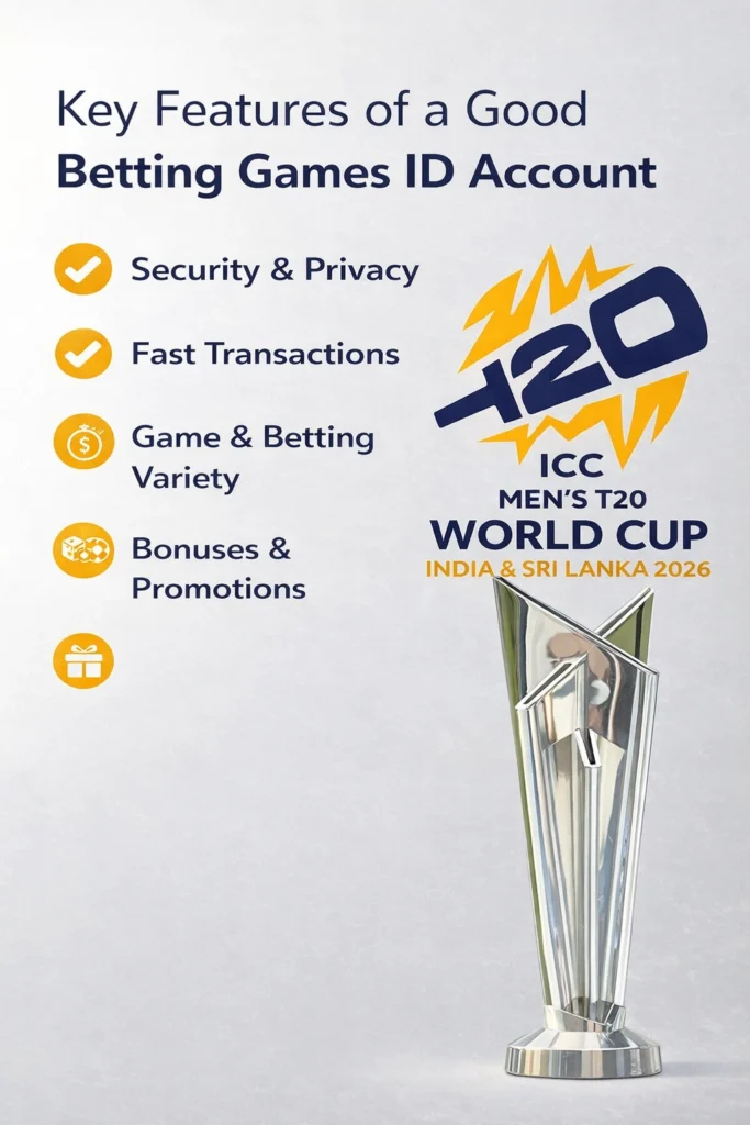 Key features of a good betting games ID account with ICC T20 World Cup 2026 logo