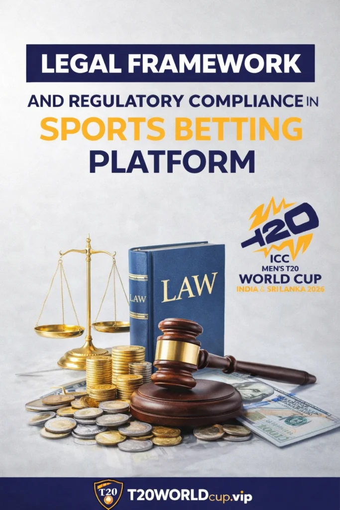 Legal framework and regulatory compliance in a sports betting platform featuring law scale, compliance shield, and T20 World Cup 2026 branding