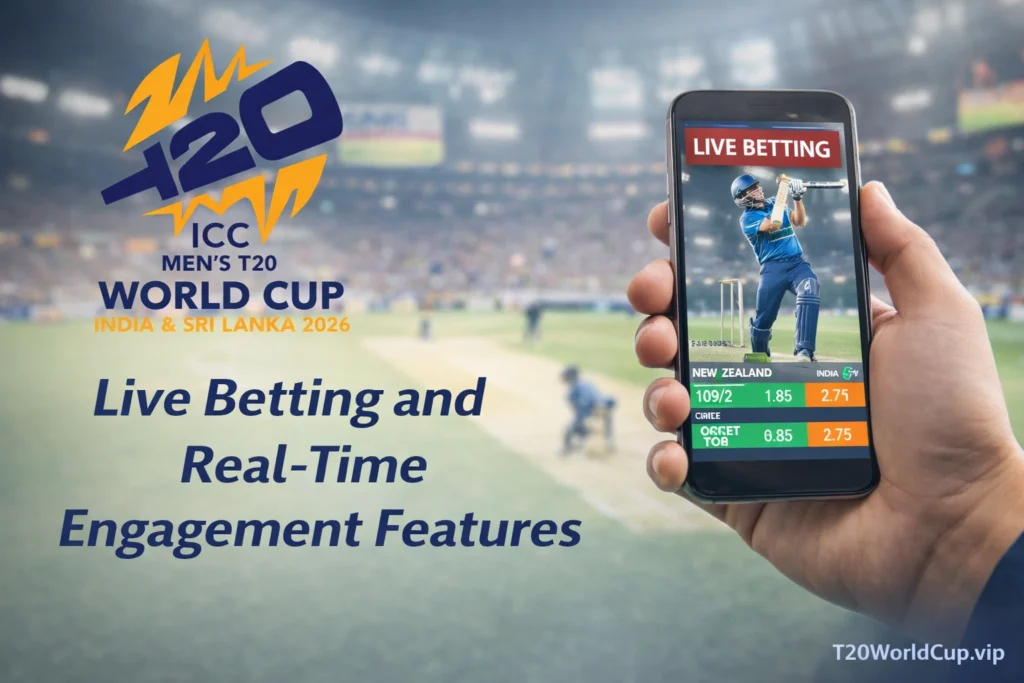 Live betting and real-time engagement features with T20 World Cup logo illustration