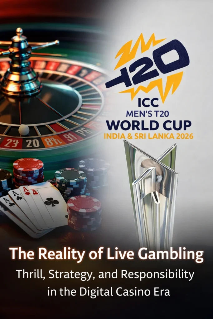 Live gambling digital casino experience with T20 World Cup themed logo representing online live dealer gaming.