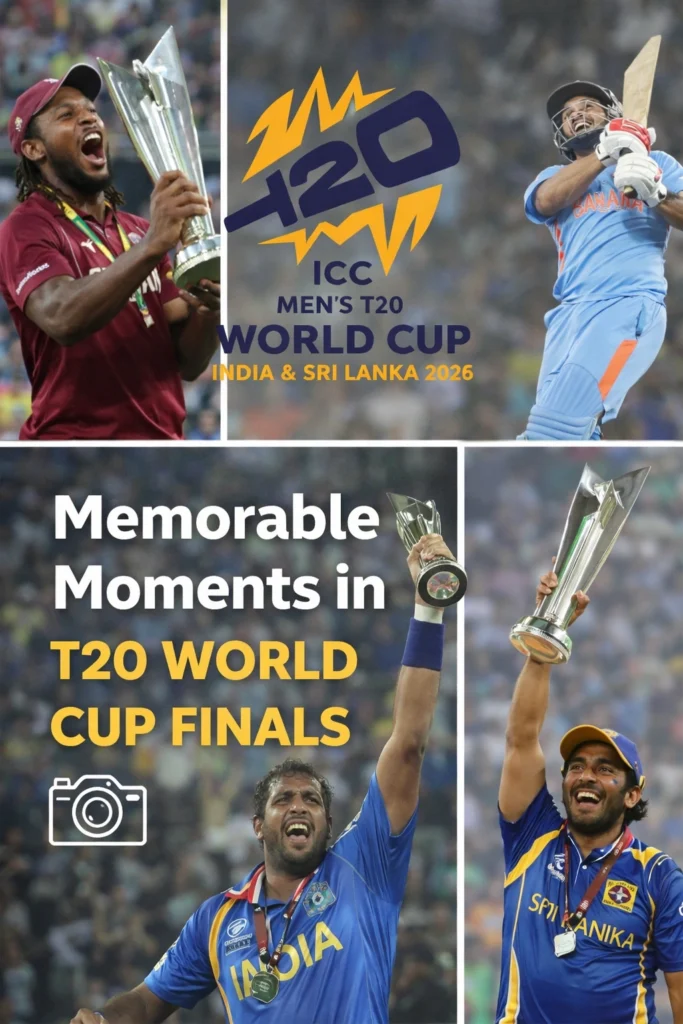Memorable moments in T20 World Cup Finals featuring the ICC Men's T20 World Cup trophy and tournament logo representing historic cricket victories
