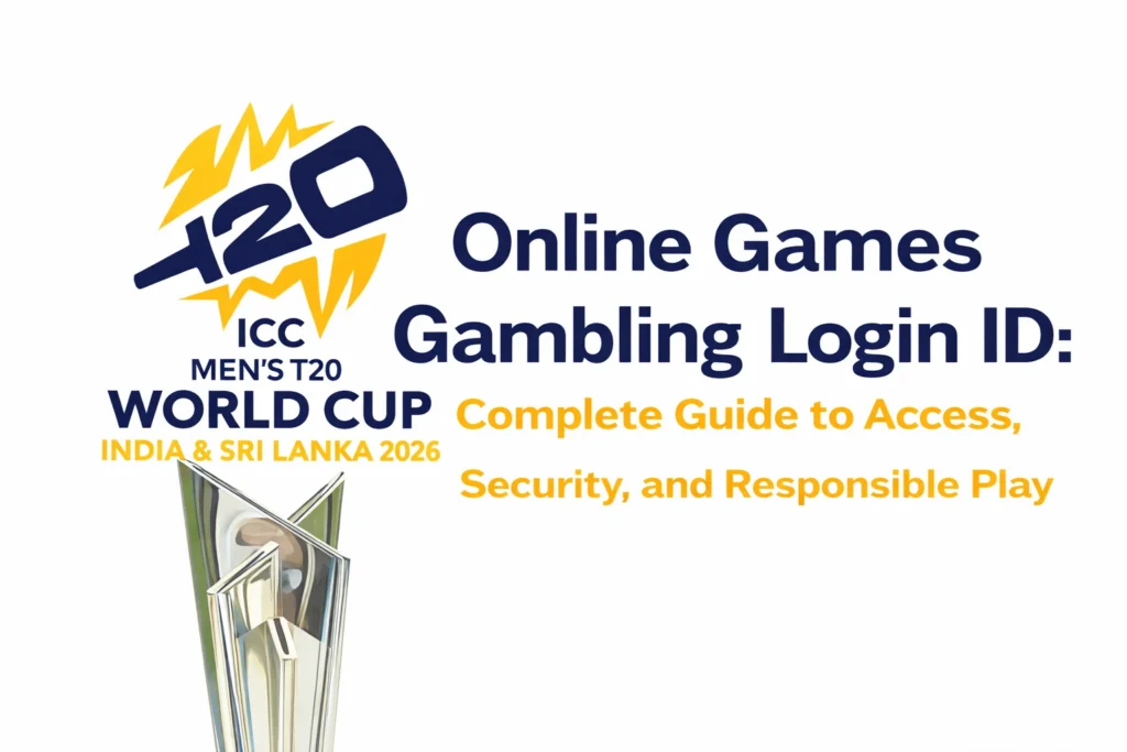 Online Games Gambling Login ID complete guide banner with ICC Men's T20 World Cup 2026 logo and trophy showing access security and responsible play concept