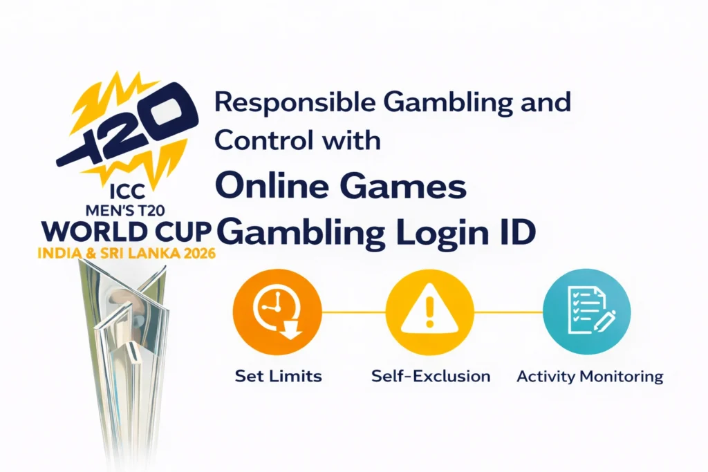 Responsible gambling and control with Online Games Gambling Login ID showing secure betting limits account monitoring and T20 World Cup 2026 logo