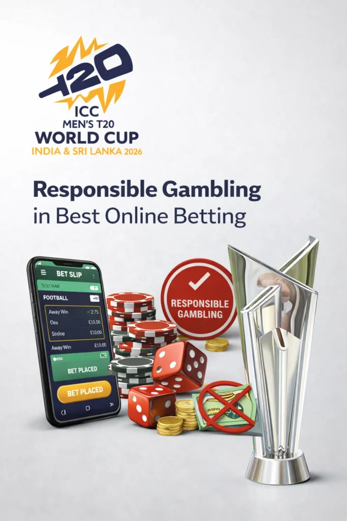 Responsible gambling in best online betting with ICC Mens T20 World Cup logo and safe betting elements