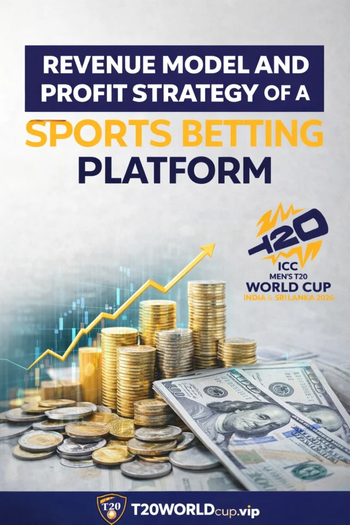 Revenue model and profit strategy of a sports betting platform featuring financial growth chart, stacked coins, and T20 World Cup 2026 branding