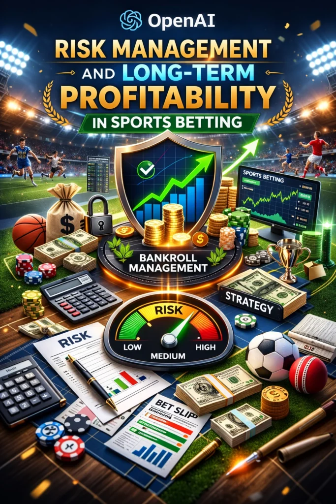 Risk management and long-term profitability in sports betting showing bankroll management, betting analytics dashboard, and professional betting strategy
