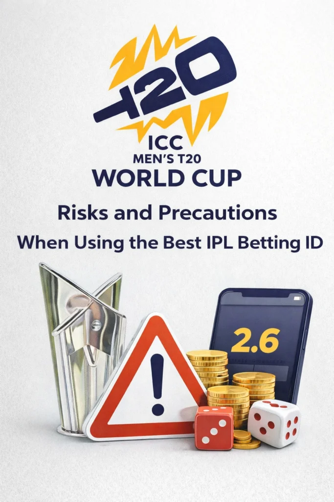 Risks and precautions of Best IPL Betting ID with warning sign cricket trophy and betting elements
