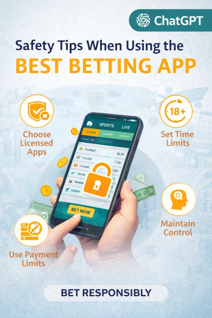 Infographic showing safety tips when using the best betting app including secure payments, strong passwords, licensed platforms, and responsible betting.