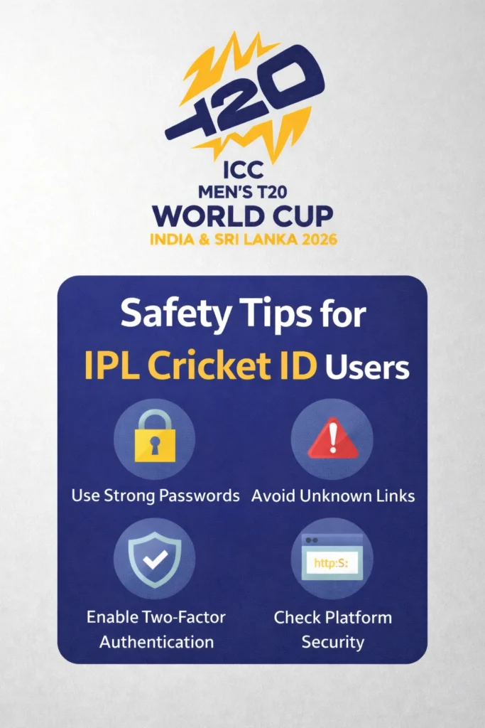 Safety tips for IPL Cricket ID users with secure login and data protection concept and cricket theme logo