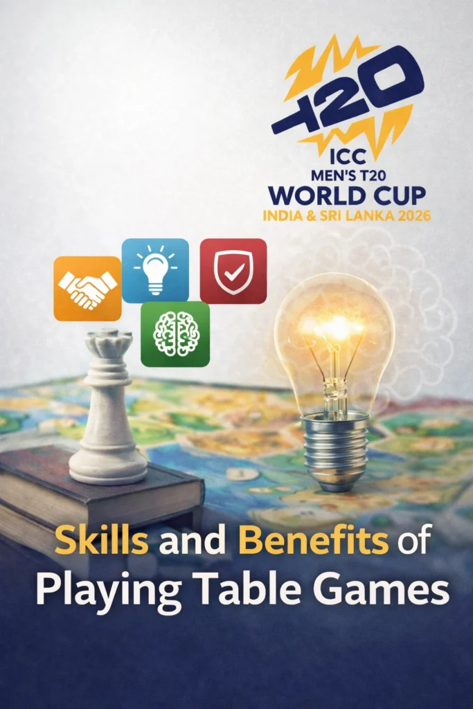 Skills and benefits of playing table games showing strategy thinking brain development and social interaction with T20 logo