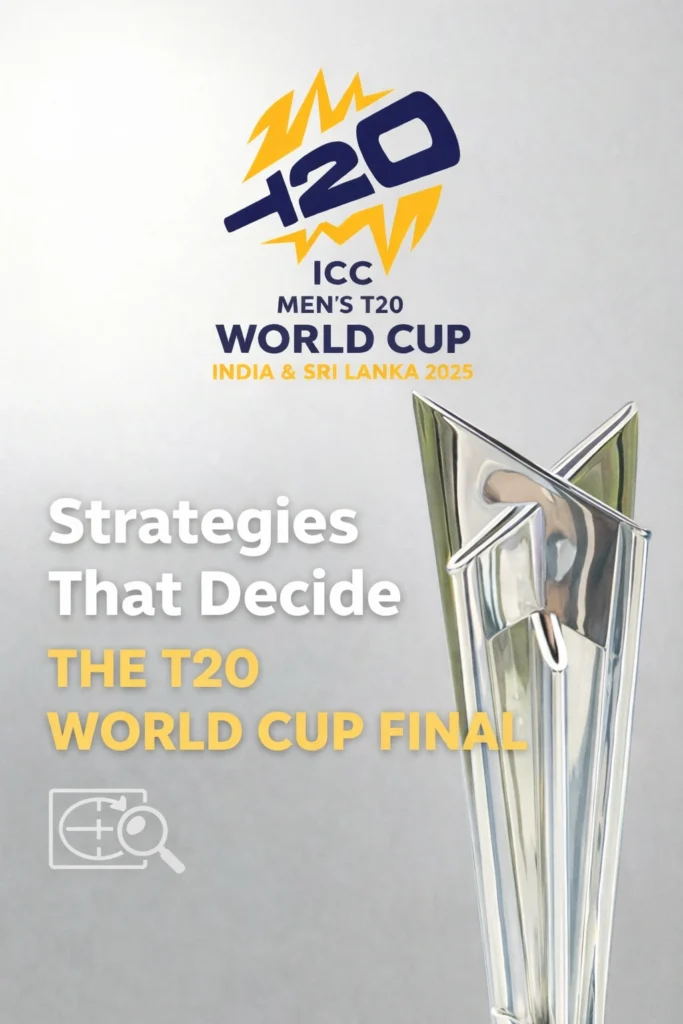 Cricket strategy planning for the T20 World Cup Final showing tactical field placements and match strategy with T20 World Cup logo