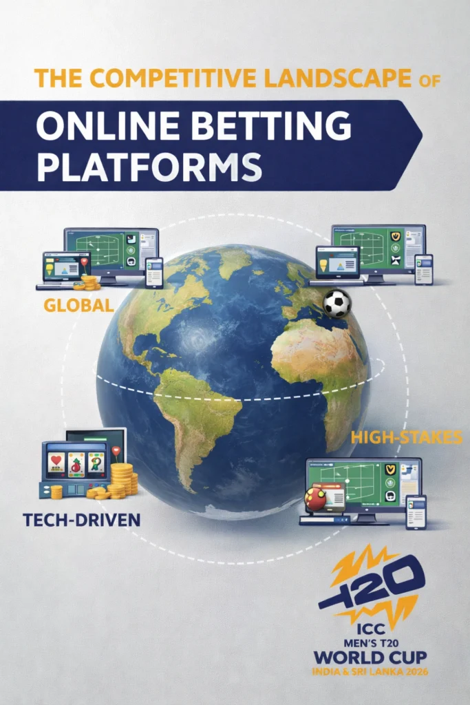 Infographic showing the competitive landscape of online betting platforms with global market concept and ICC Men’s T20 World Cup 2026 logo