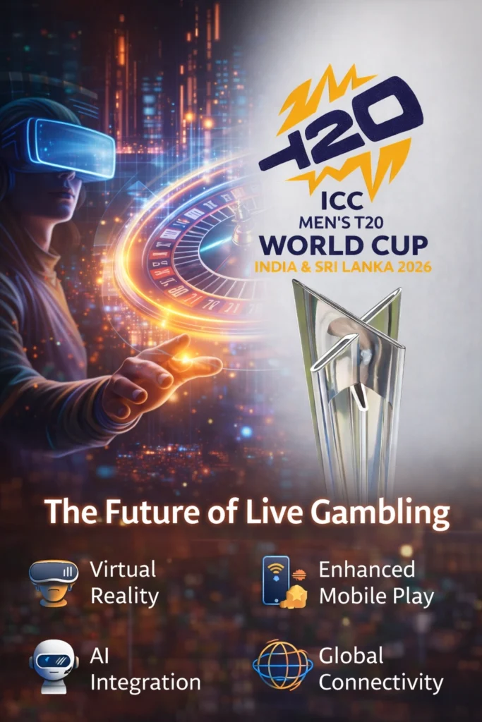 Future of live gambling showing digital casino technology and live dealer gaming with T20 World Cup themed logo.
