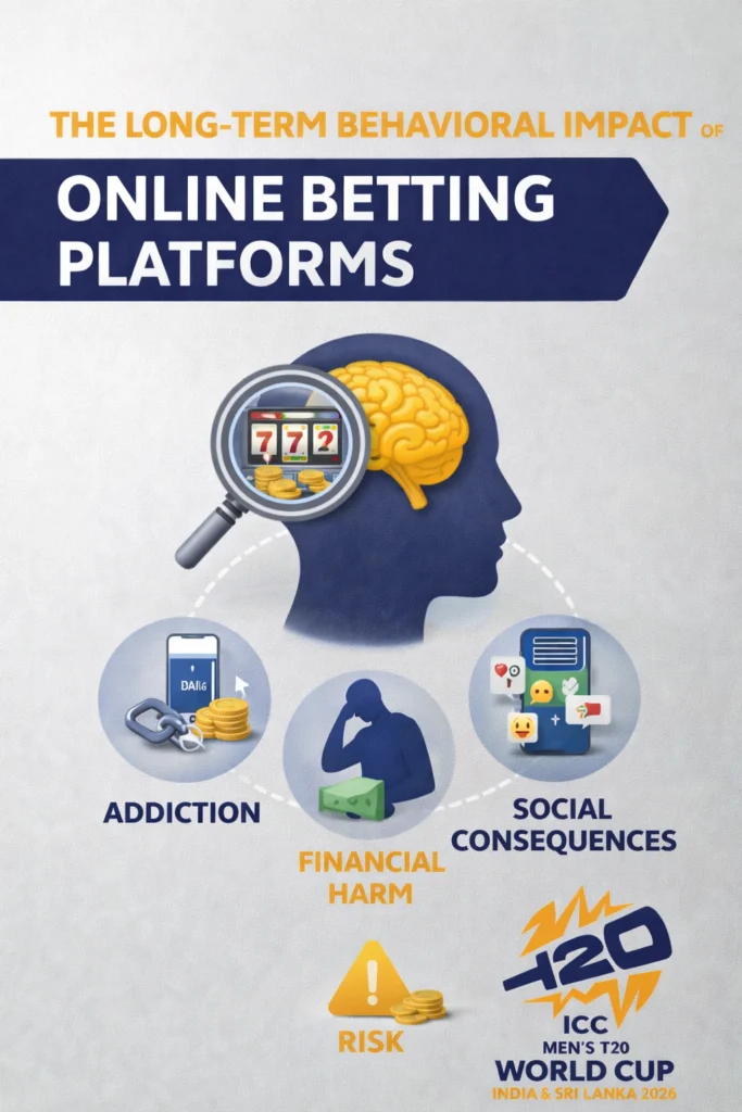 Infographic showing the long-term behavioral impact of online betting platforms including addiction risk, financial harm, social consequences, and ICC T20 World Cup 2026 logo