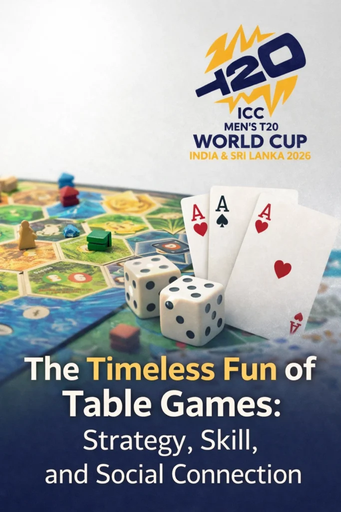 The Timeless Fun of Table Games showing strategy, skill, and social connection concept with T20 World Cup style logo