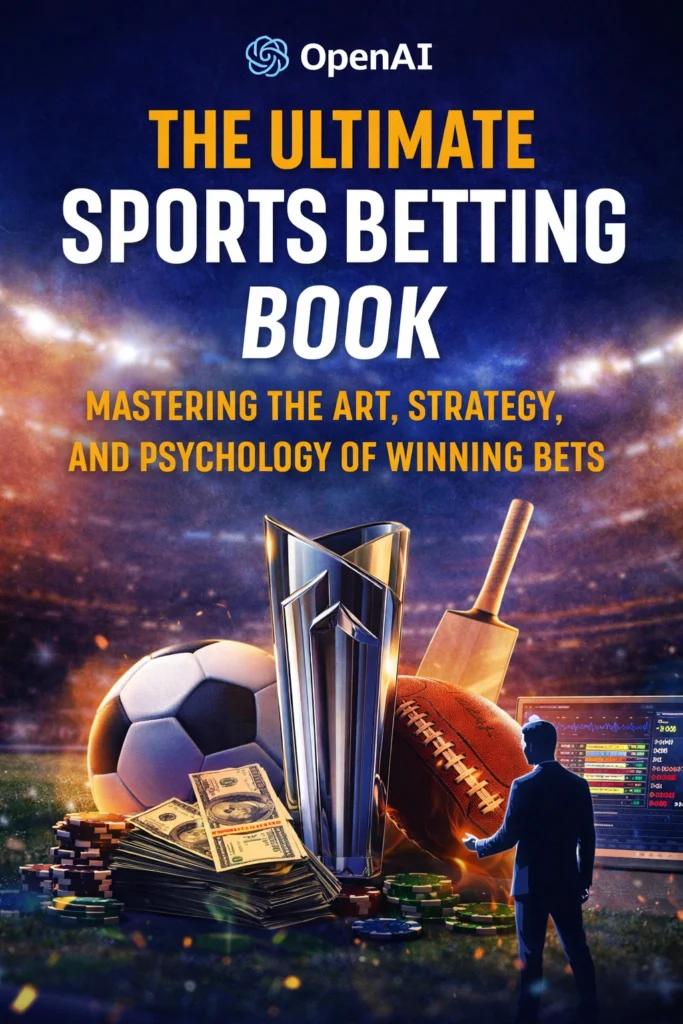 Ultimate Sports Betting Book cover showing sports betting strategy, analytics screen, sports equipment, and winning bets concept