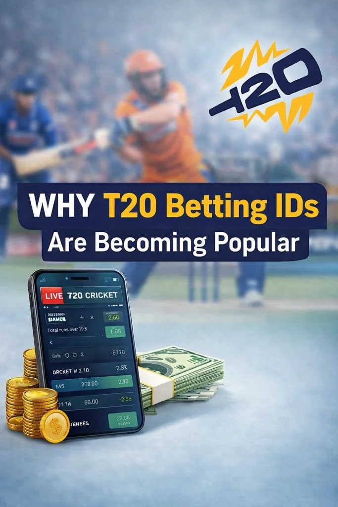 Why T20 Betting IDs are becoming popular with smartphone cricket betting interface, money stacks and T20 logo representing online cricket betting growth.
