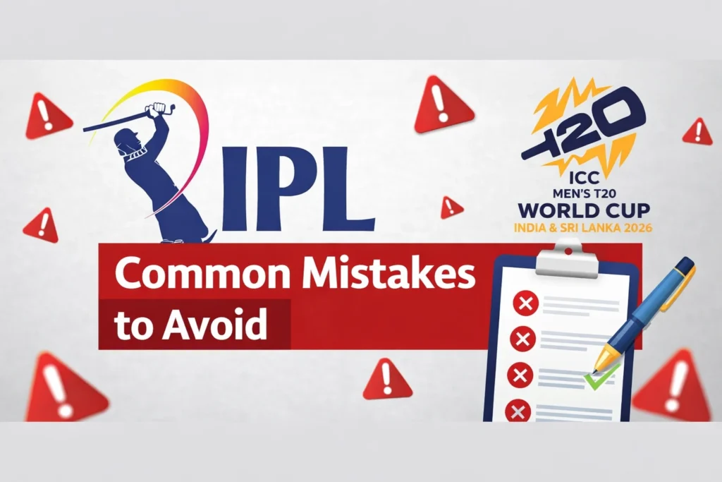 Common mistakes to avoid in IPL Match Prediction with warning icons and cricket analysis visuals